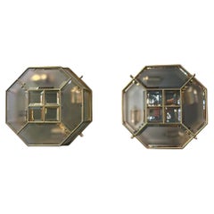 Italian Mid-Century Modern Brass And Satin Glass Ceiling Lights Pair