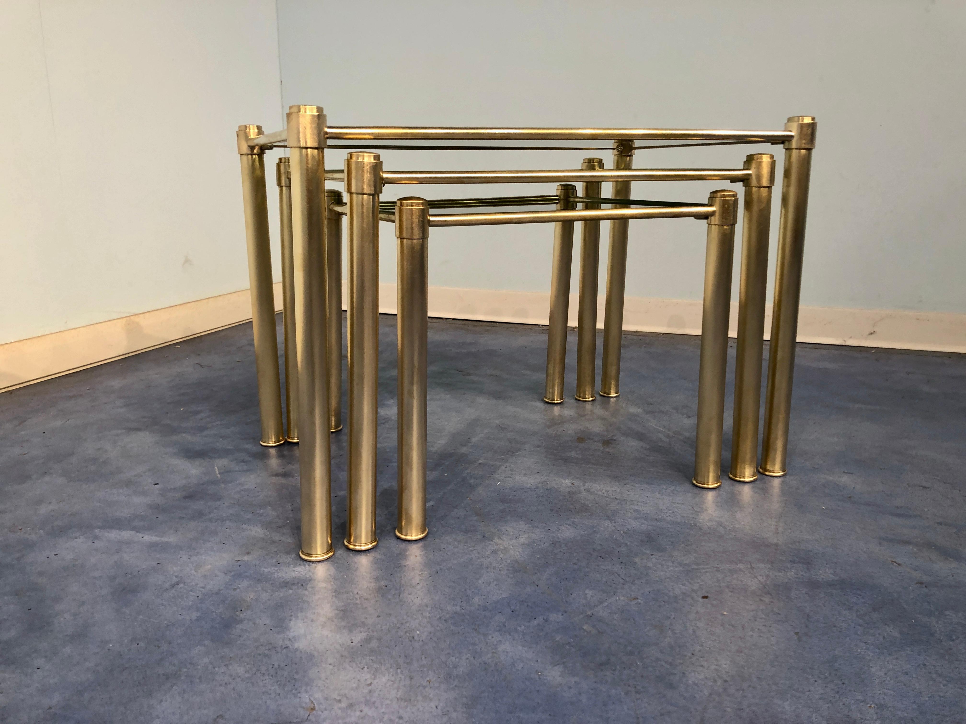 Late 20th Century Italian Mid-Century Modern Brass and Smoked Glass Nesting Tables, 1970s For Sale