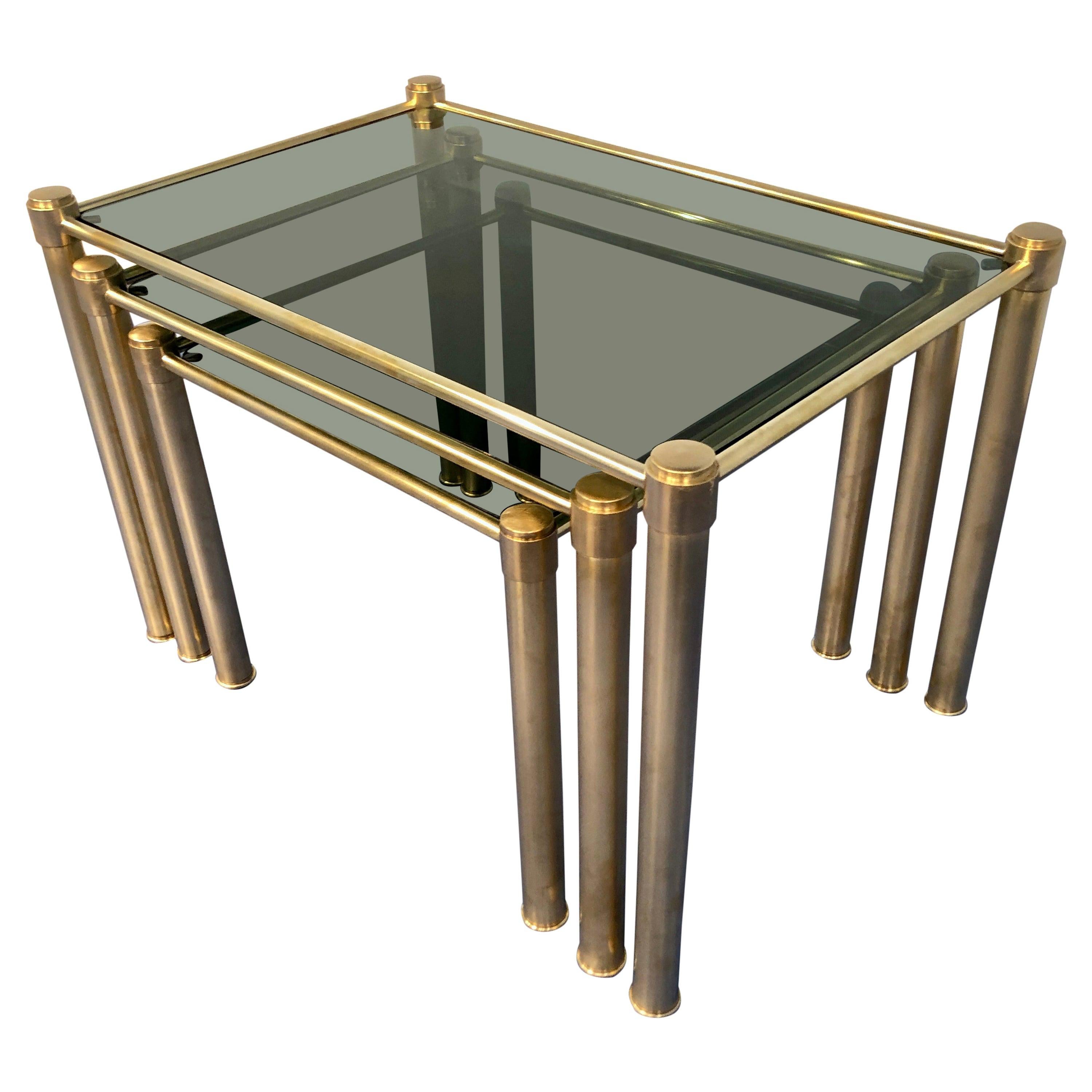 Italian Mid-Century Modern Brass and Smoked Glass Nesting Tables, 1970s
