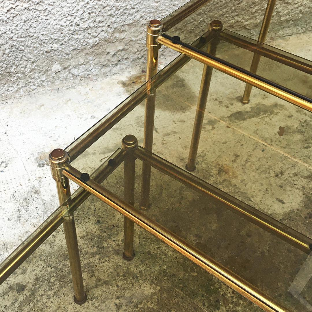 Metal Italian Mid-Century Modern Brass and Smoked Glass Trio of coffee Tables, 1970s