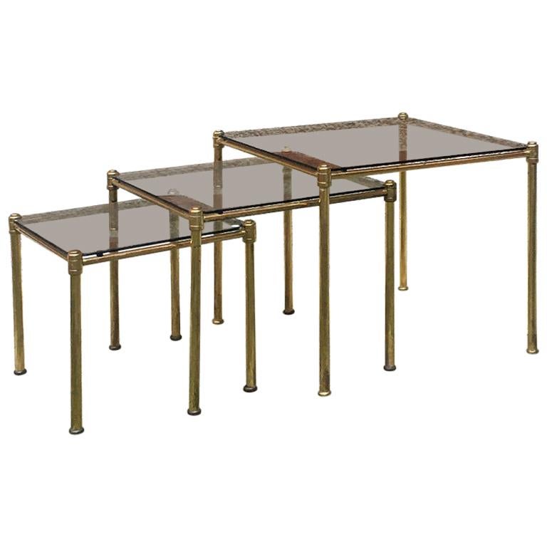 Italian Mid-Century Modern Brass and Smoked Glass Trio of coffee Tables, 1970s