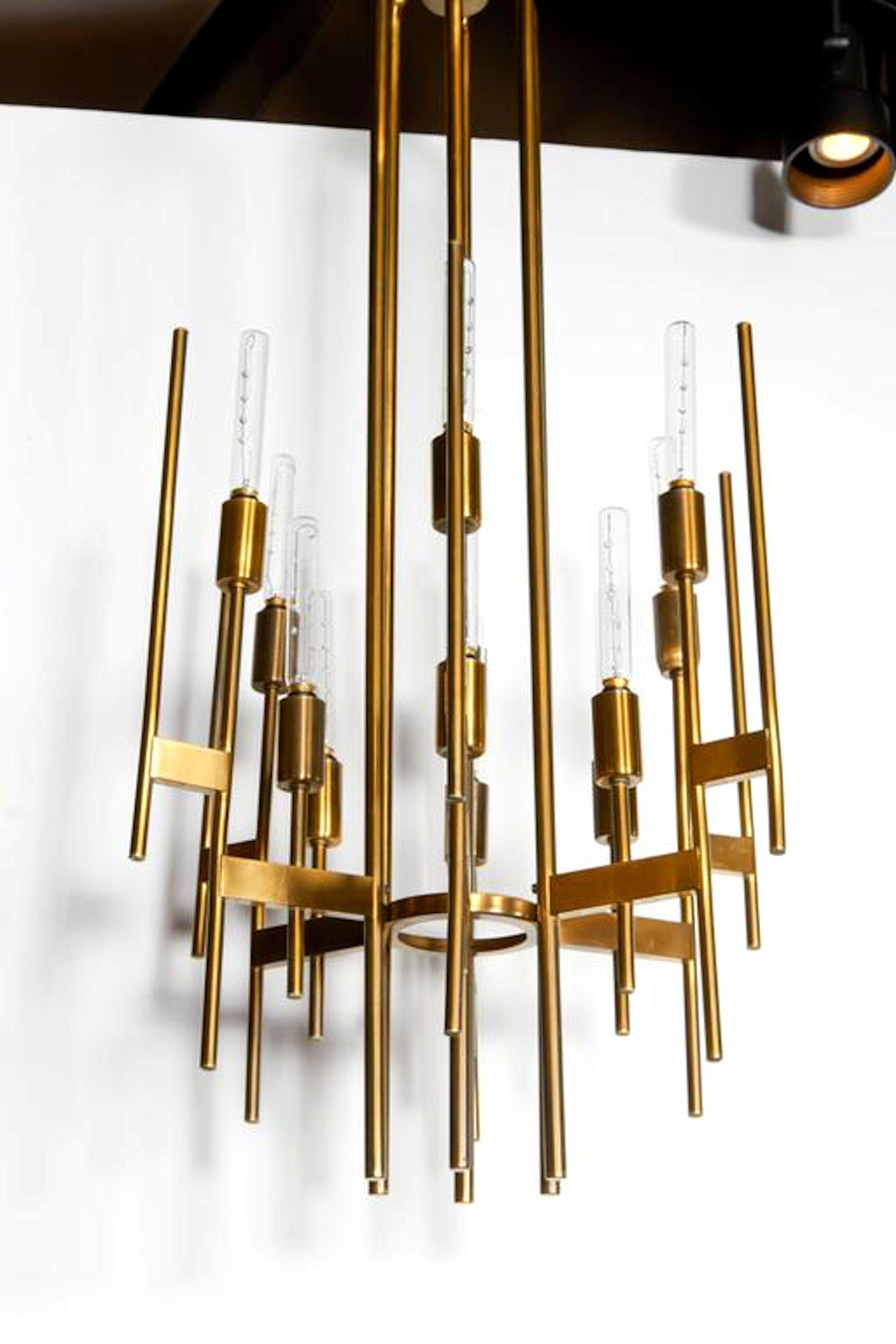 Brushed Italian Mid-Century Modern Brass geometric Chandelier, by Gaetano Sciolari 1960s