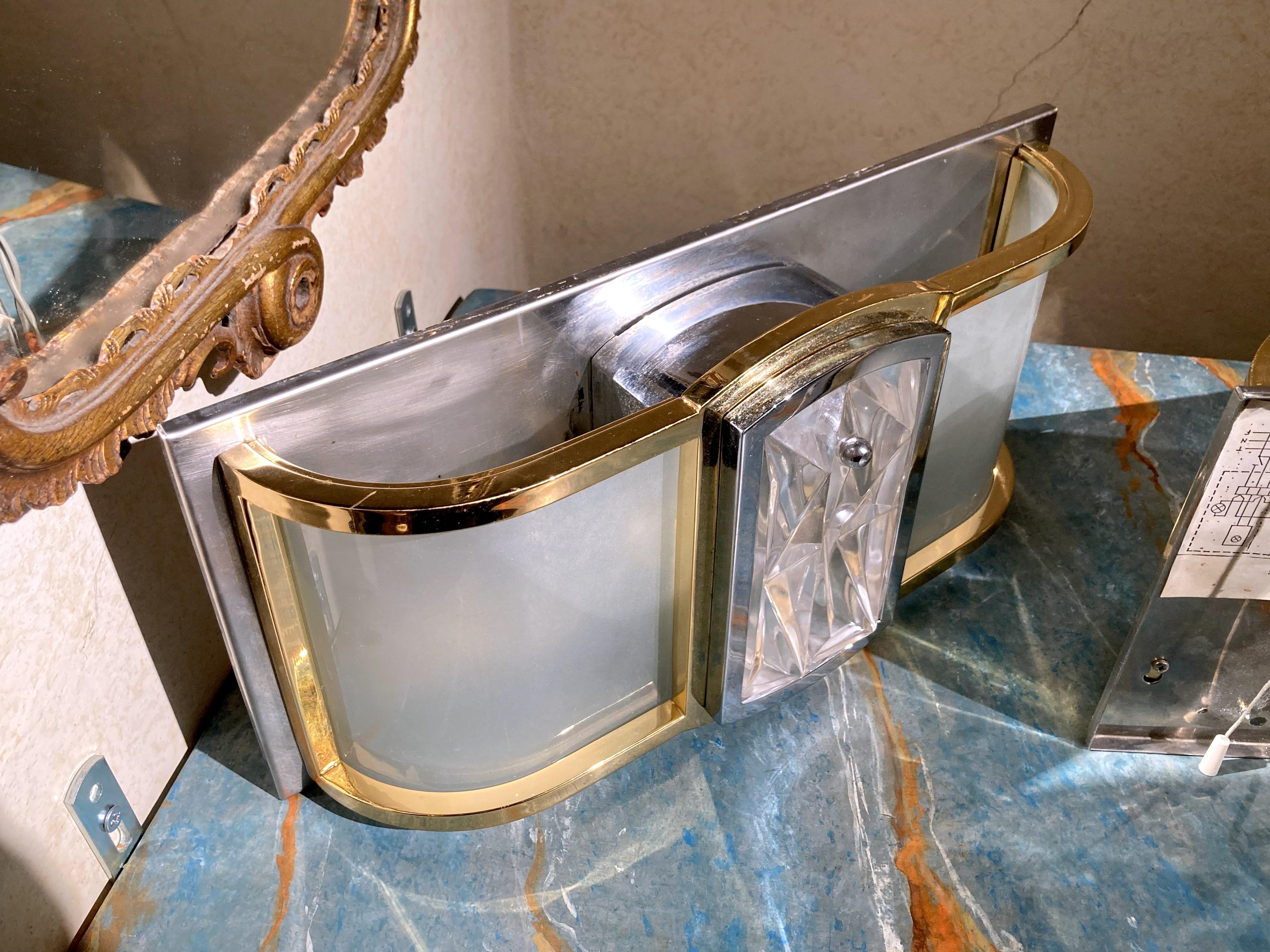 Italian Mid Century Modern Brass, Chrome, Frosted Glass Two Lights Wall Sconces For Sale 4