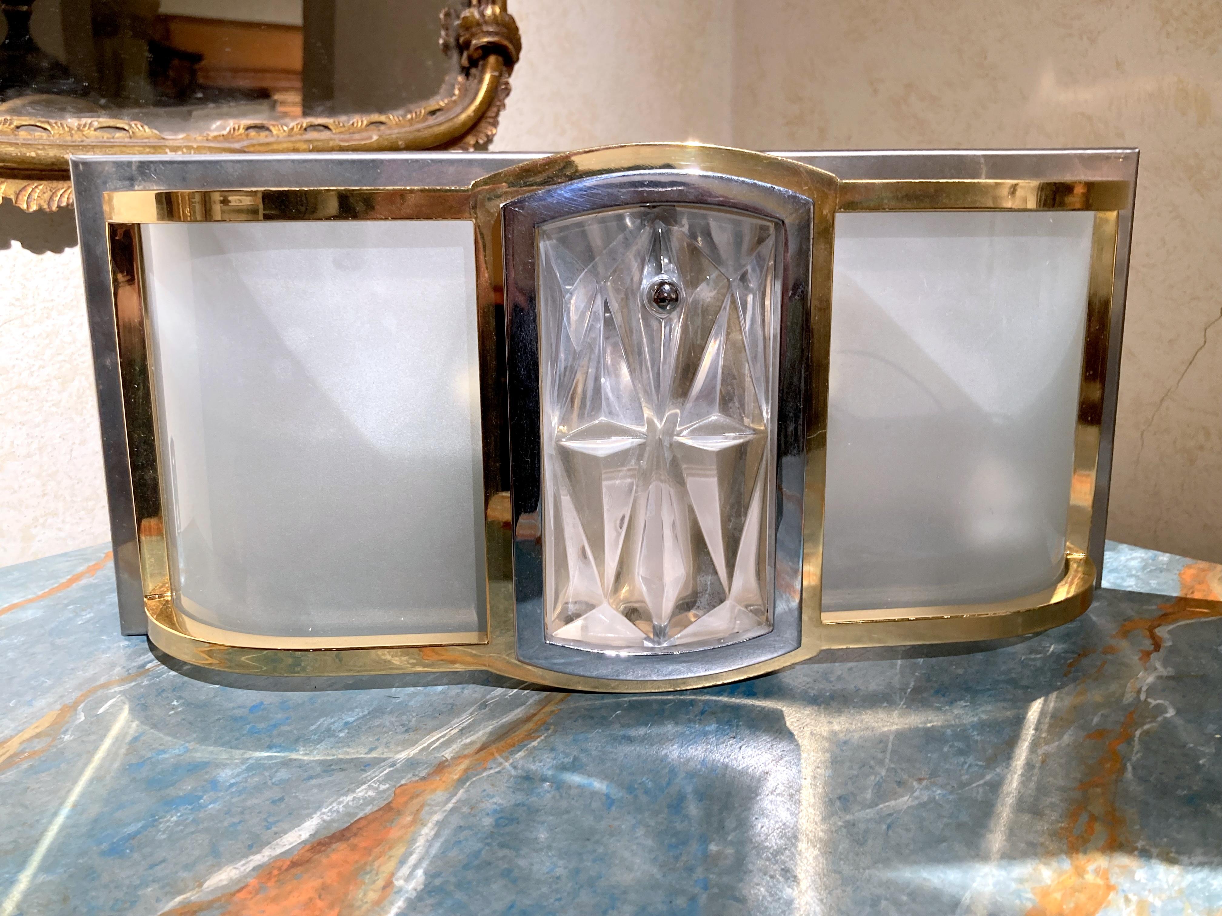 Italian Mid Century Modern Brass, Chrome, Frosted Glass Two Lights Wall Sconces For Sale 5