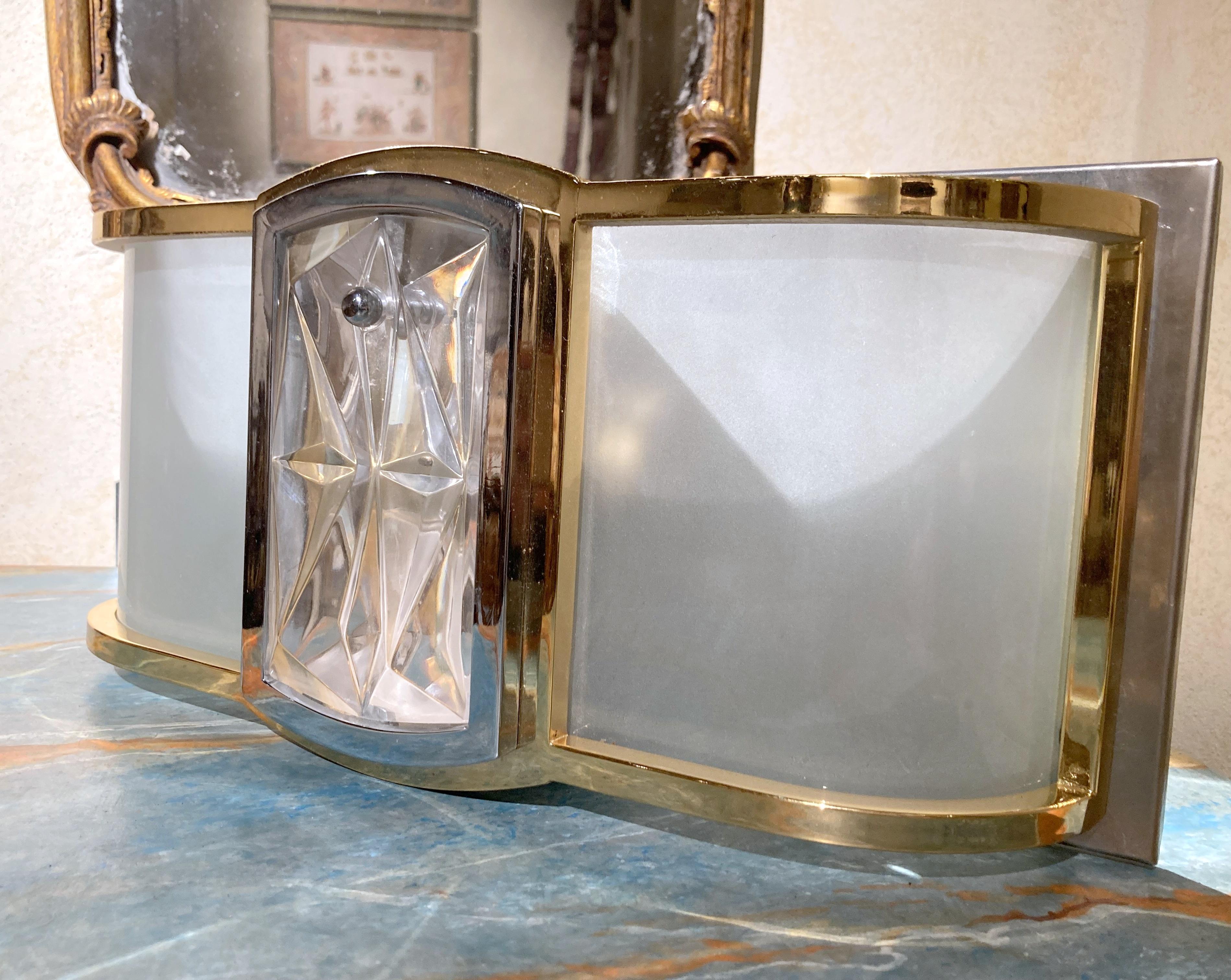 20th Century Italian Mid Century Modern Brass, Chrome, Frosted Glass Two Lights Wall Sconces For Sale
