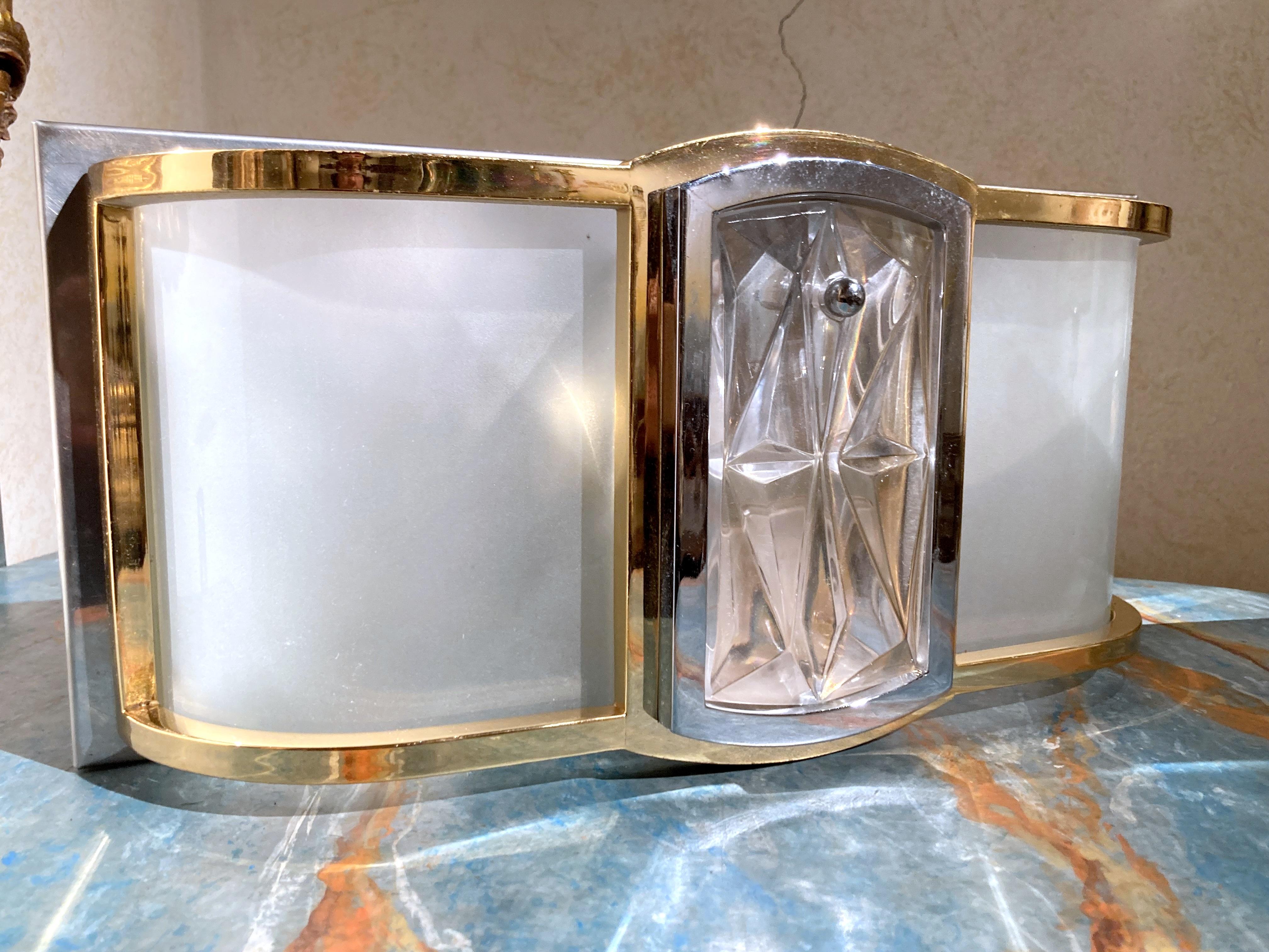 Metal Italian Mid Century Modern Brass, Chrome, Frosted Glass Two Lights Wall Sconces For Sale