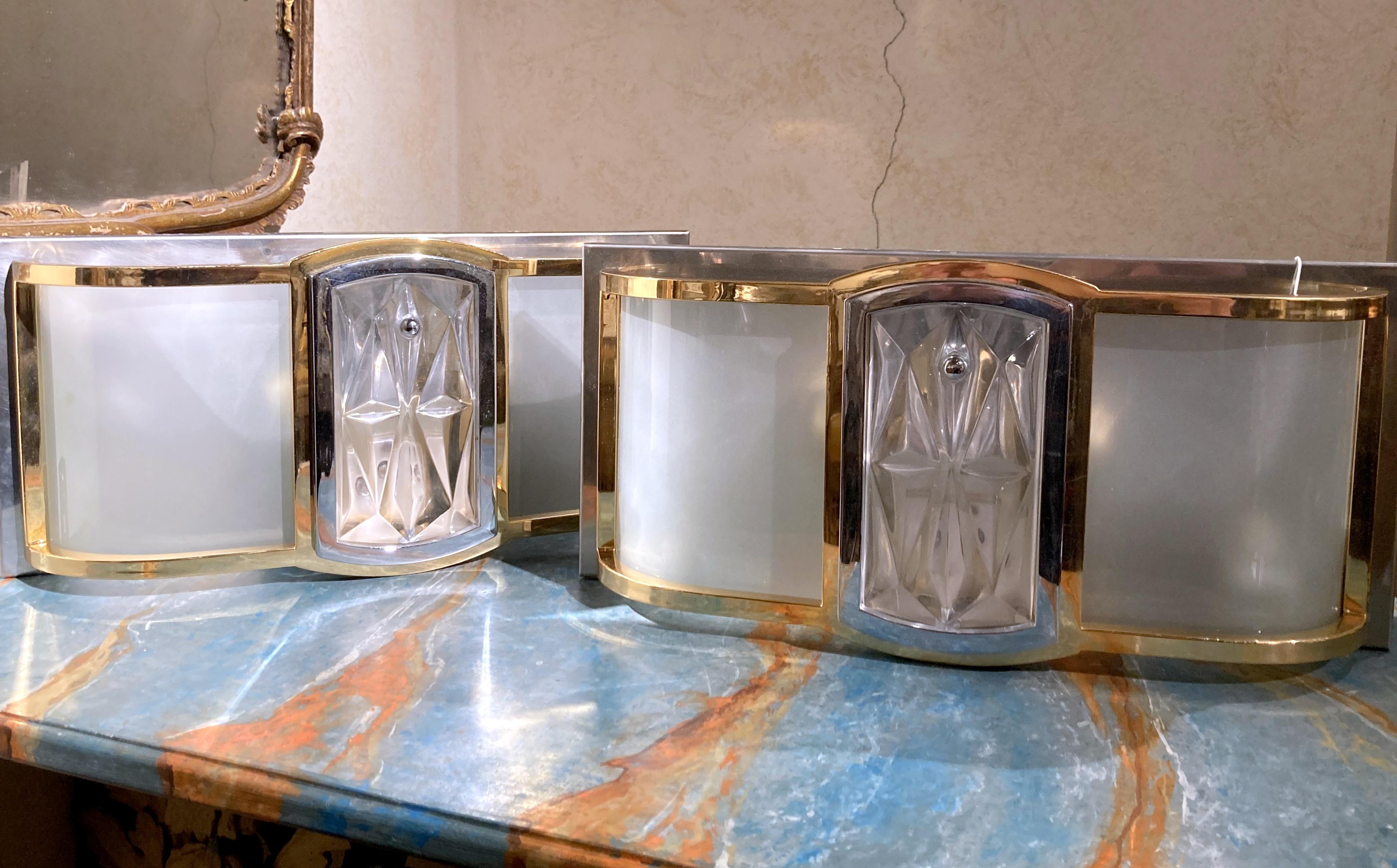 Italian Mid Century Modern Brass, Chrome, Frosted Glass Two Lights Wall Sconces For Sale 1