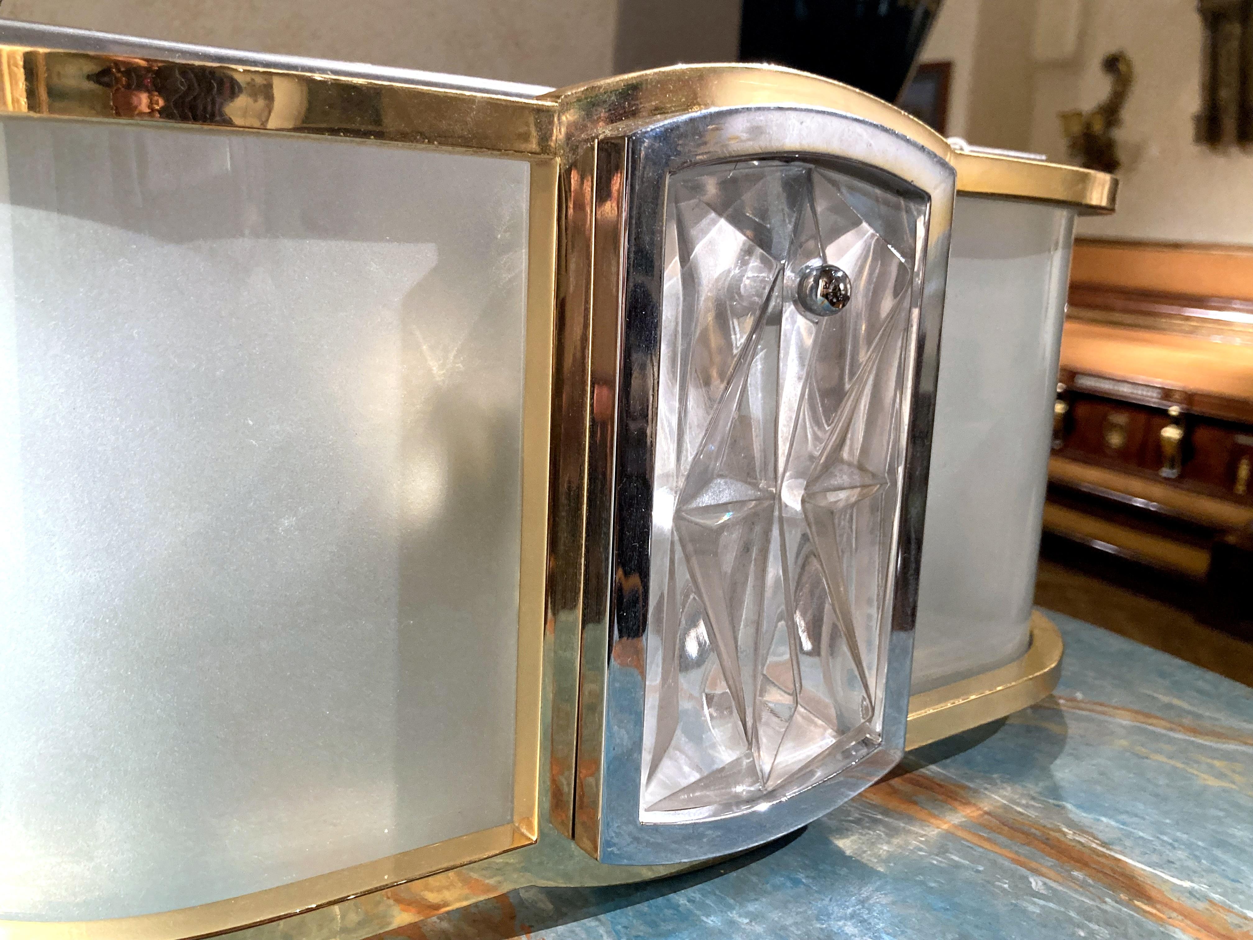 Italian Mid Century Modern Brass, Chrome, Frosted Glass Two Lights Wall Sconces For Sale 2