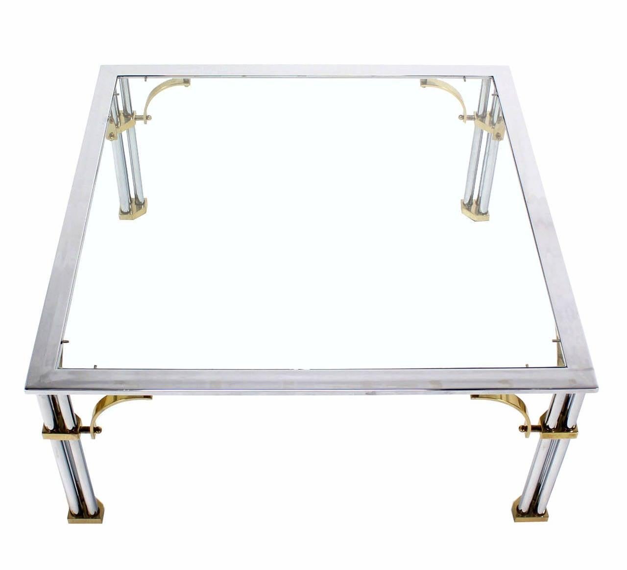 Italian Mid Century Modern Brass Chrome Glass Top Square Coffee Table MINT For Sale 1