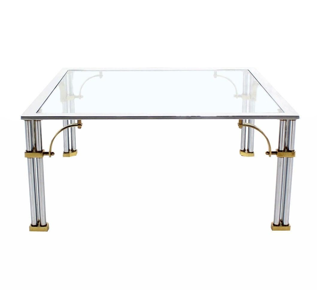 Italian Mid Century Modern Brass Chrome Glass Top Square Coffee Table MINT For Sale 4