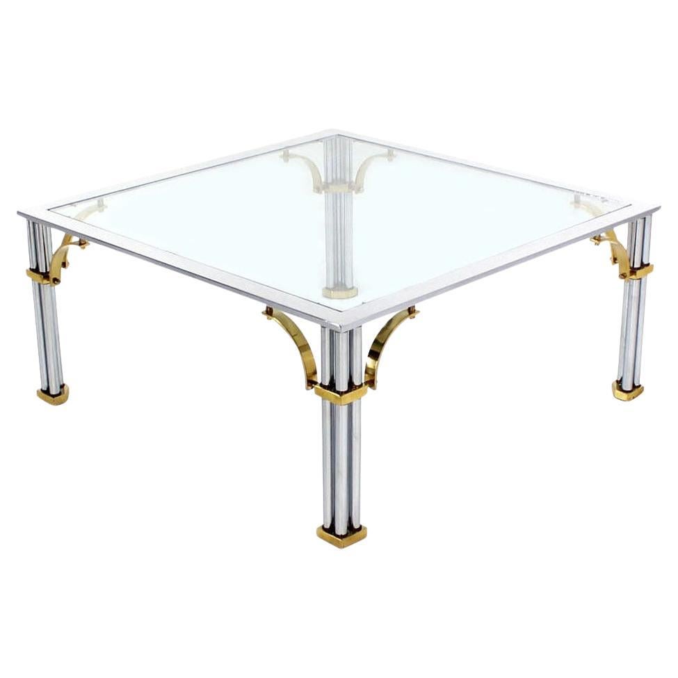 Italian Mid Century Modern Brass Chrome Glass Top Square Coffee Table MINT For Sale