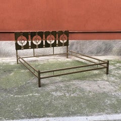 Italian Mid-Century Modern Brass Double Bed with Decorative Headboard, 1960s