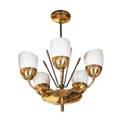 Italian Mid-Century Modern Brass, Enamel and Frosted Glass Five-Arm Chandelier