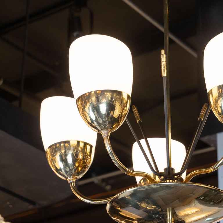 Italian Mid-Century Modern Brass, Enamel and Frosted Glass Five-Arm  Chandelier For Sale at 1stDibs