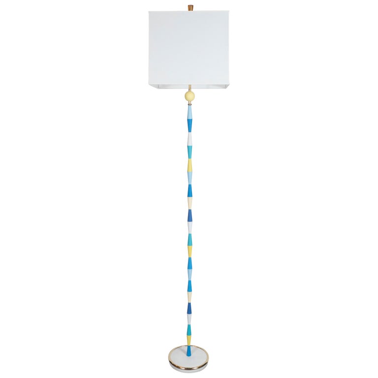 Italian Mid Century Modern Brass Floor Lamp In Colorful Enamel Hues