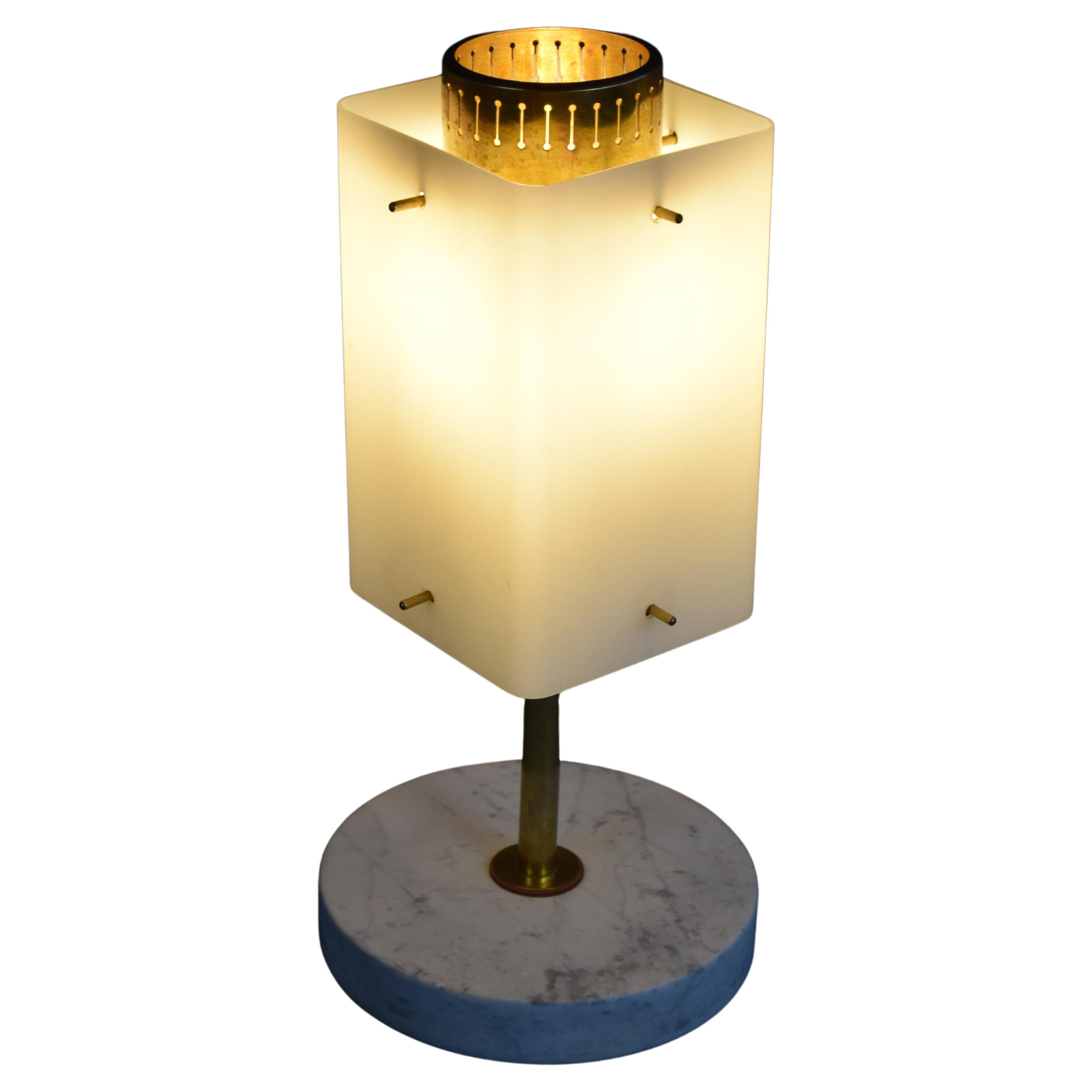 Italian Mid-Century Modern Brass, Opaline Glass and Carrera Marble Table Lamp For Sale