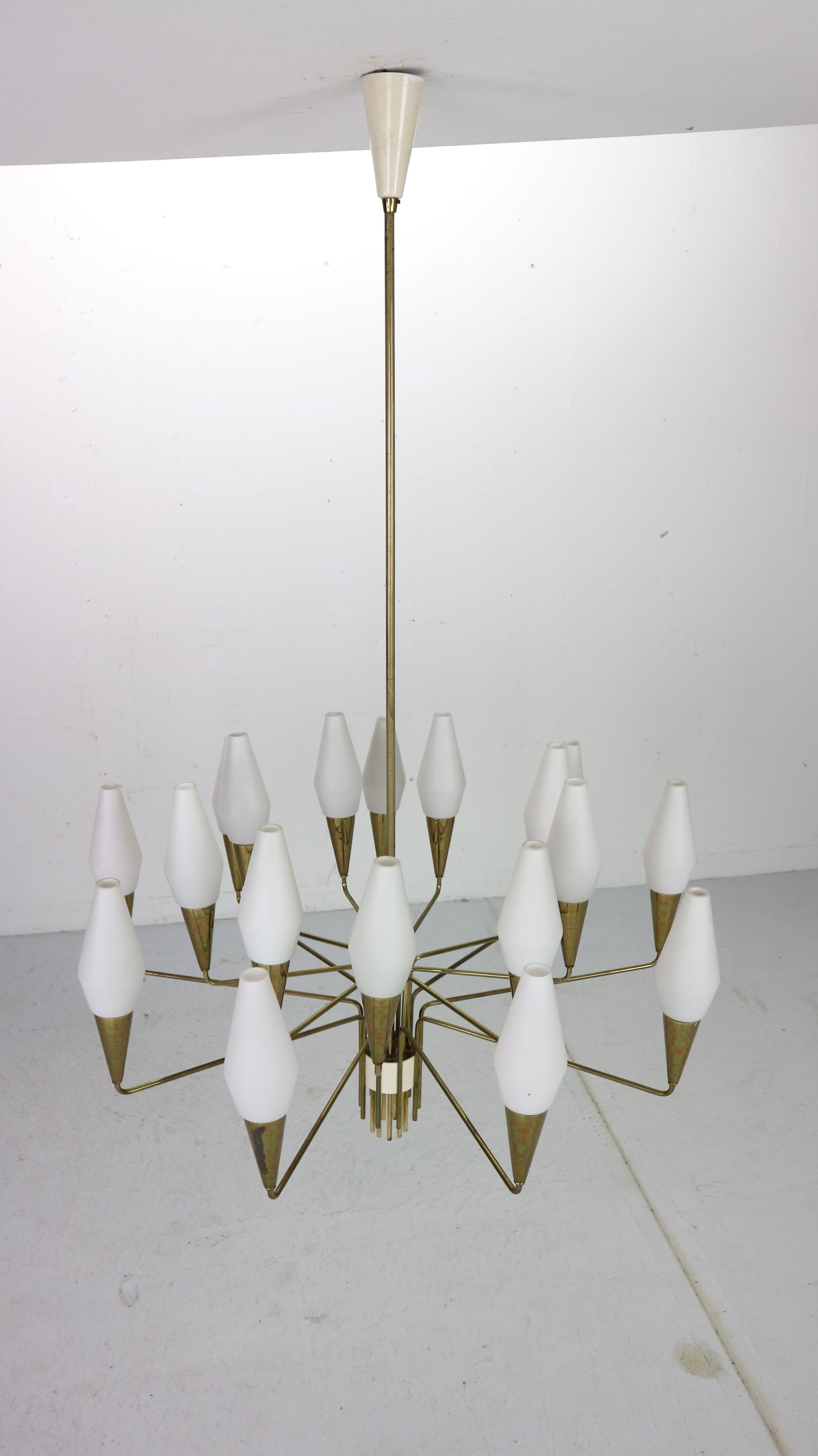 Mid-20th Century Italian Mid-Century Modern Brass and Opaline Glass Chandelier Extra Large, 1960