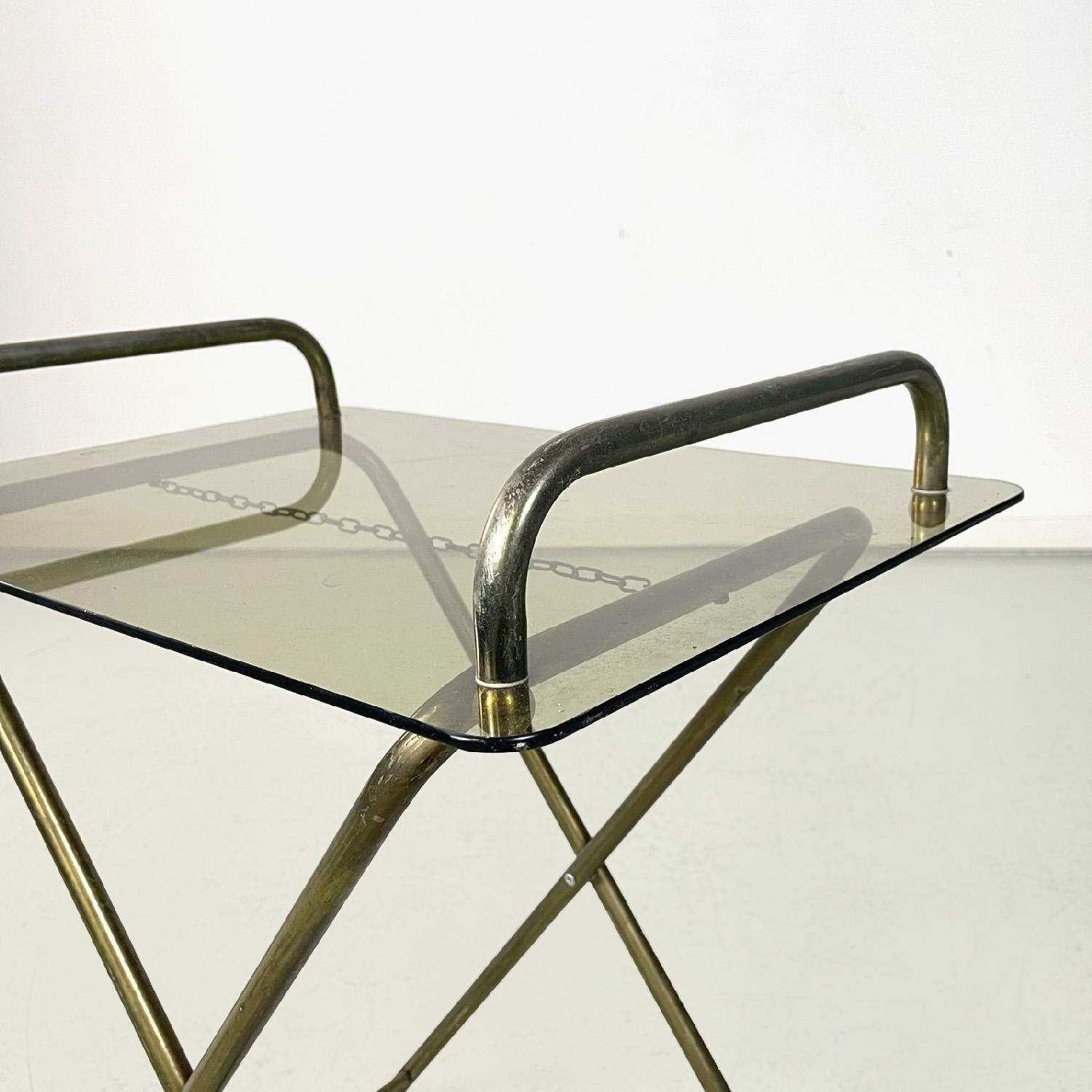 Brass Italian mid-century modern brass structure and crystal top service table, 1960s For Sale