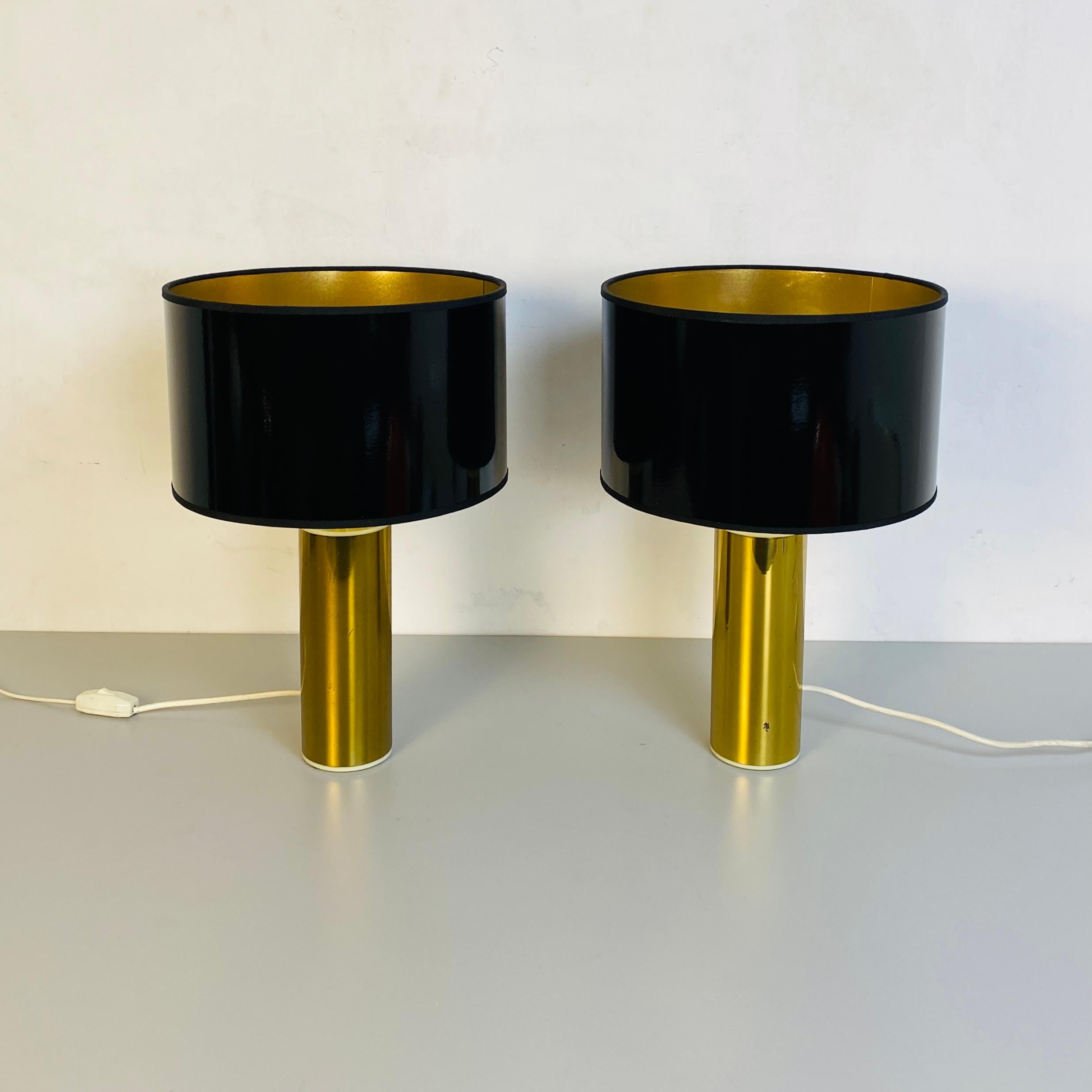 Metal Italian Mid-Century Modern Brass Table Lamps with Cylindrical Lampshade, 1970s