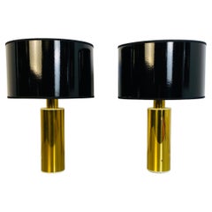 Italian Mid-Century Modern Brass Table Lamps with Cylindrical Lampshade, 1970s