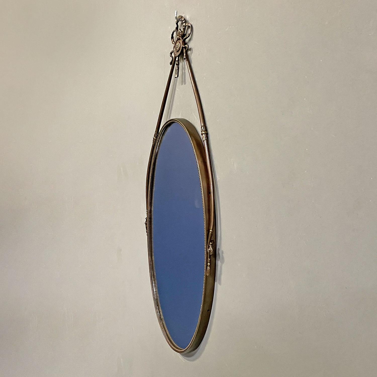 Mid-20th Century Italian mid-century modern brass wall mirror with ribbon and decorations, 1950s For Sale