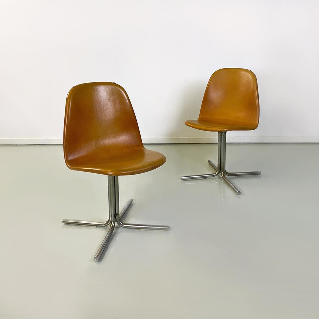 Italian Mid-Century Modern Brown Leather and Steel Chairs, 1960s In Good Condition For Sale In MIlano, IT