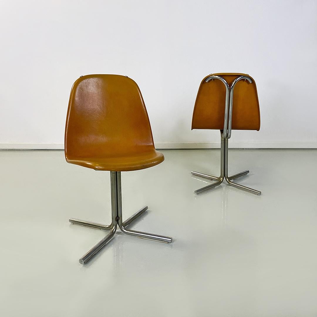 Mid-20th Century Italian Mid-Century Modern Brown Leather and Steel Chairs, 1960s For Sale