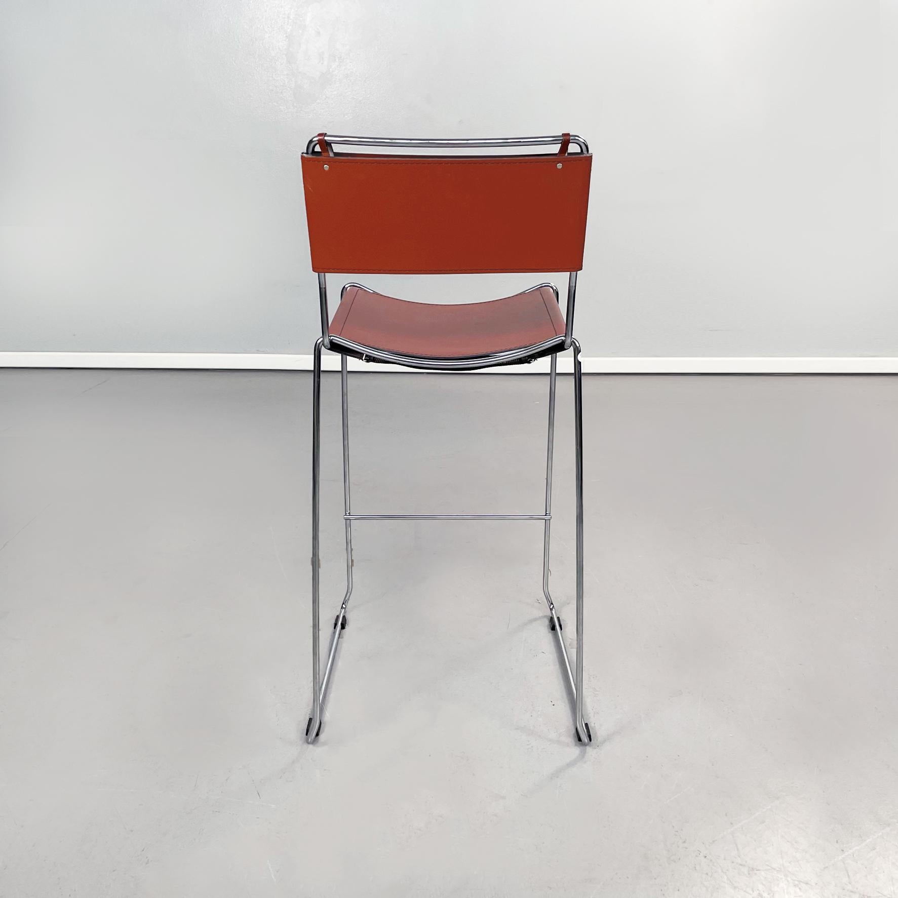 Late 20th Century Italian Mid-Century Modern Brown Leather and Steel High Stool, 1980s For Sale