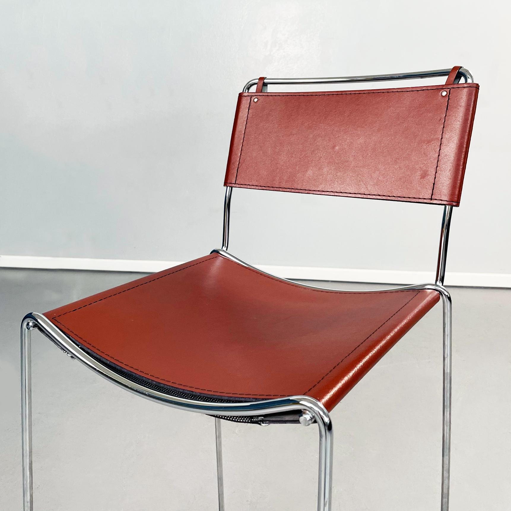 Italian Mid-Century Modern Brown Leather and Steel High Stool, 1980s For Sale 1