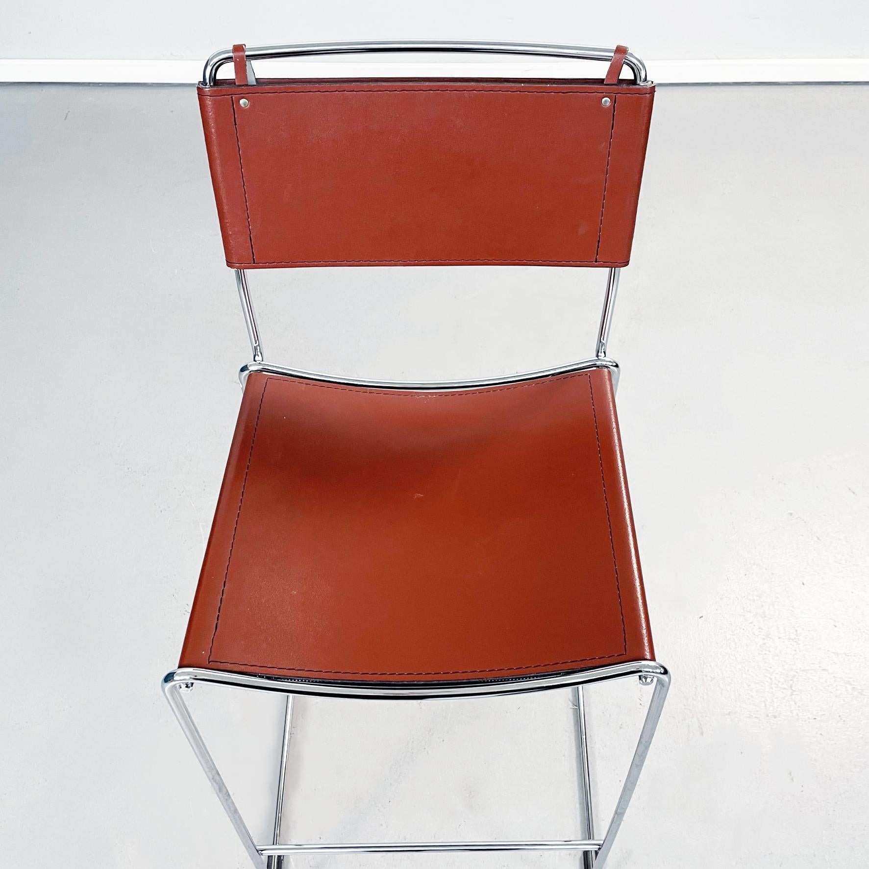 Italian Mid-Century Modern Brown Leather and Steel High Stool, 1980s For Sale 2