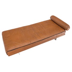 Italian Mid-Century Modern Brown Leather Round Head Bolster Daybed Sofa