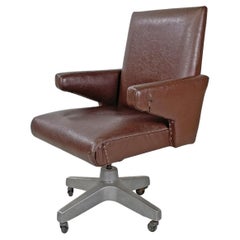 Italian mid-century modern brown leather swivel armchair with brass studs, 1950s