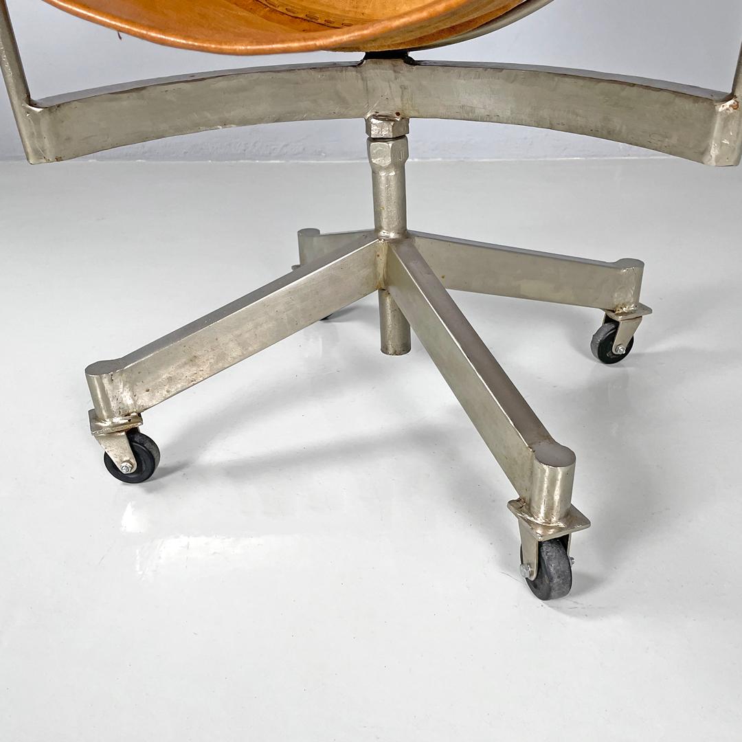 Italian mid-century modern brown leather swivel chairs with wheels, 1950s For Sale 14