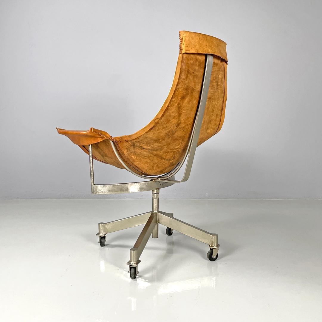 Mid-20th Century Italian mid-century modern brown leather swivel chairs with wheels, 1950s For Sale