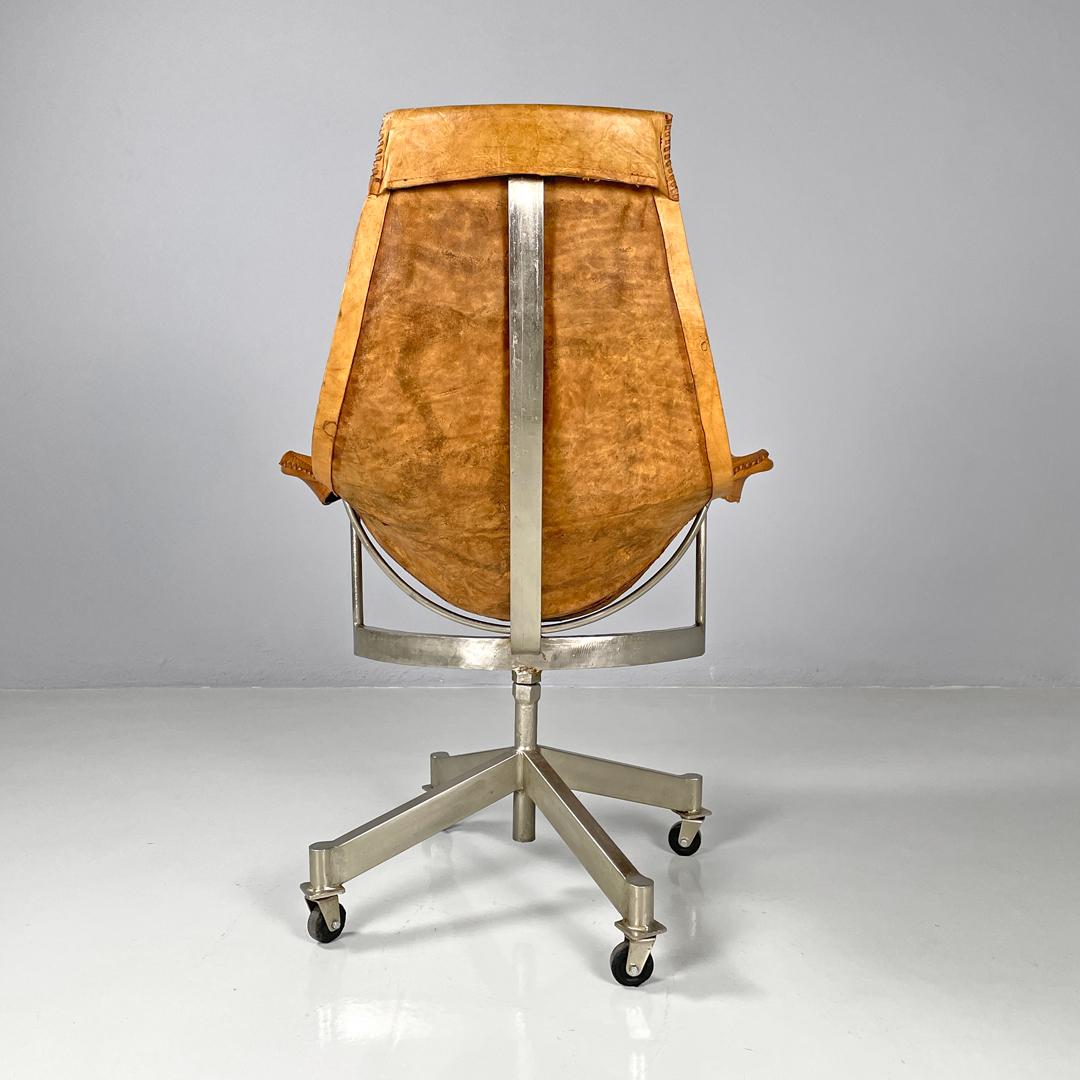 Metal Italian mid-century modern brown leather swivel chairs with wheels, 1950s For Sale