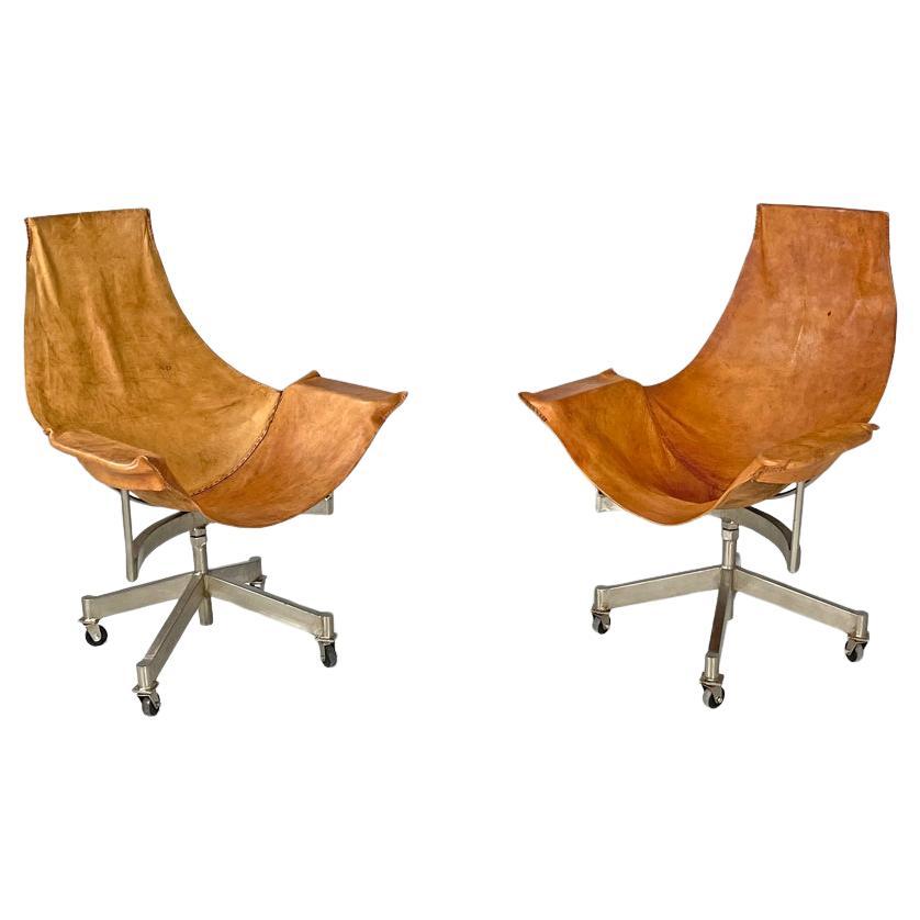 Poltrone girevoli in pelle marrone con ruote, anni '50, Italia, metà del secolo scorso