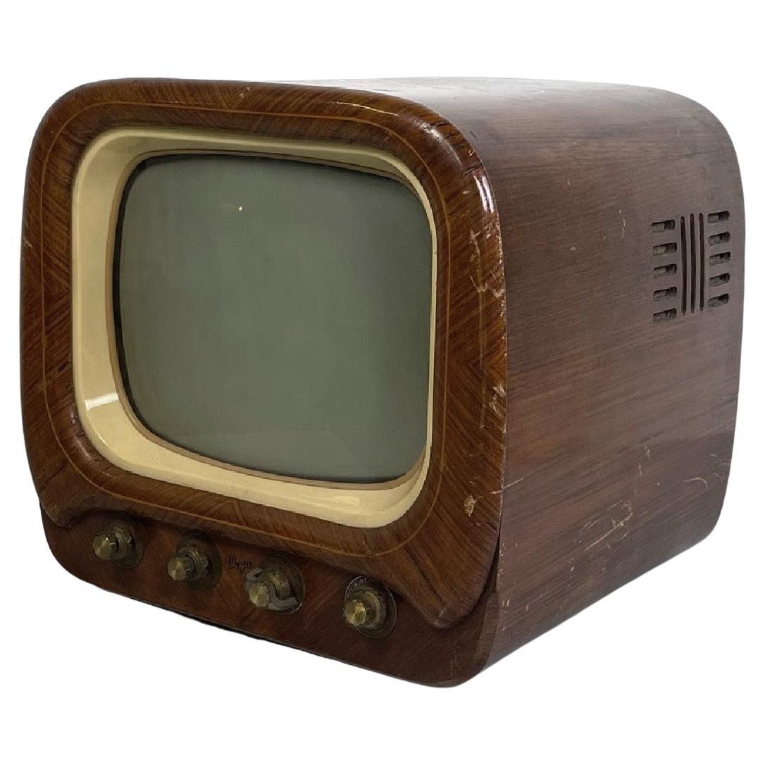 Italian mid-century modern brown wooden brass plastic television by Vega, 1950s For Sale