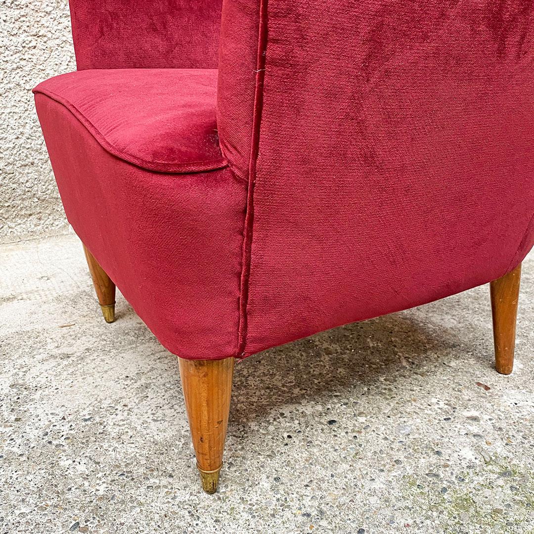 Italian Mid-Century Modern Burgundy Velvet and Wooden Armchairs, 1950s 7