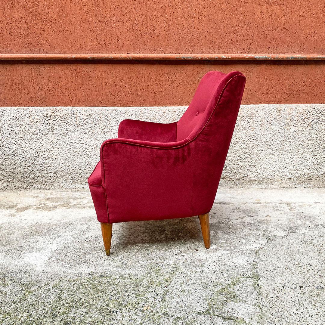 Italian Mid-Century Modern Burgundy Velvet and Wooden Armchairs, 1950s 1