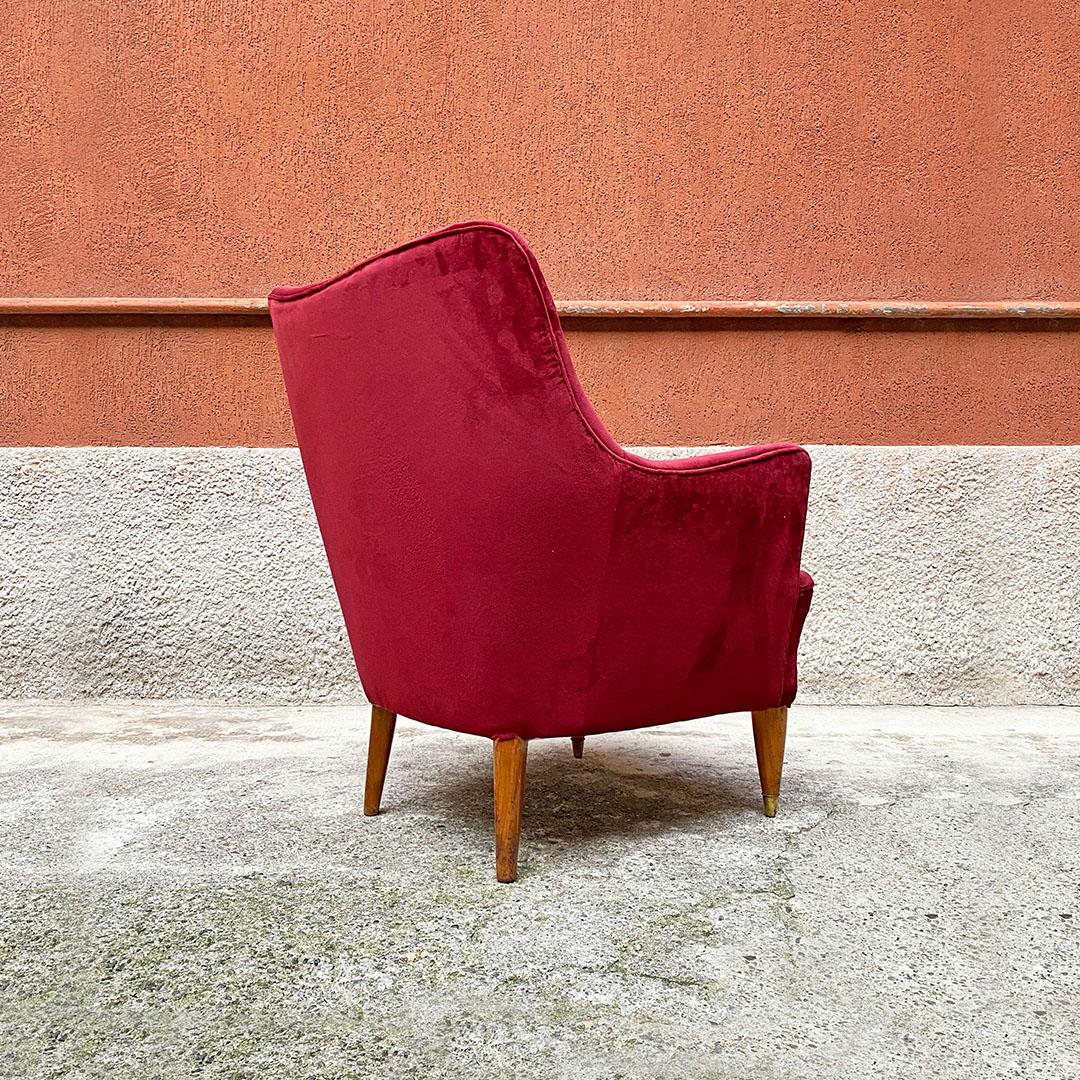 Italian Mid-Century Modern Burgundy Velvet and Wooden Armchairs, 1950s 3