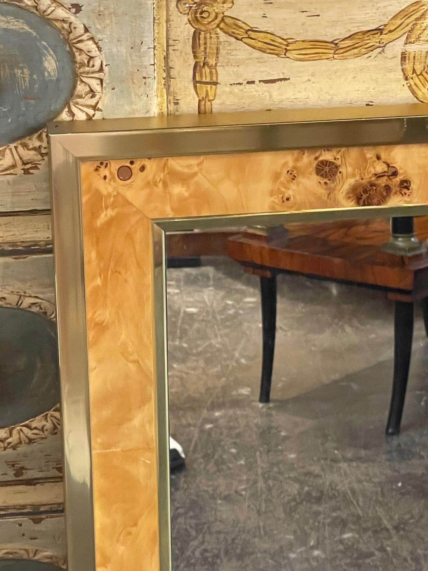 Italian Mid-Century Modern Burl Wood and Brass Mirror In Good Condition In Dallas, TX