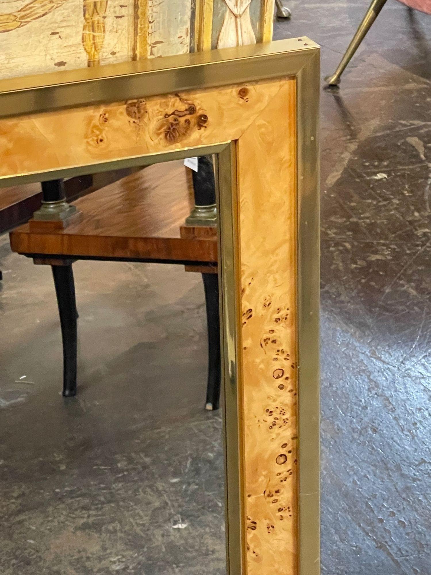 Italian Mid-Century Modern Burl Wood and Brass Mirror 2