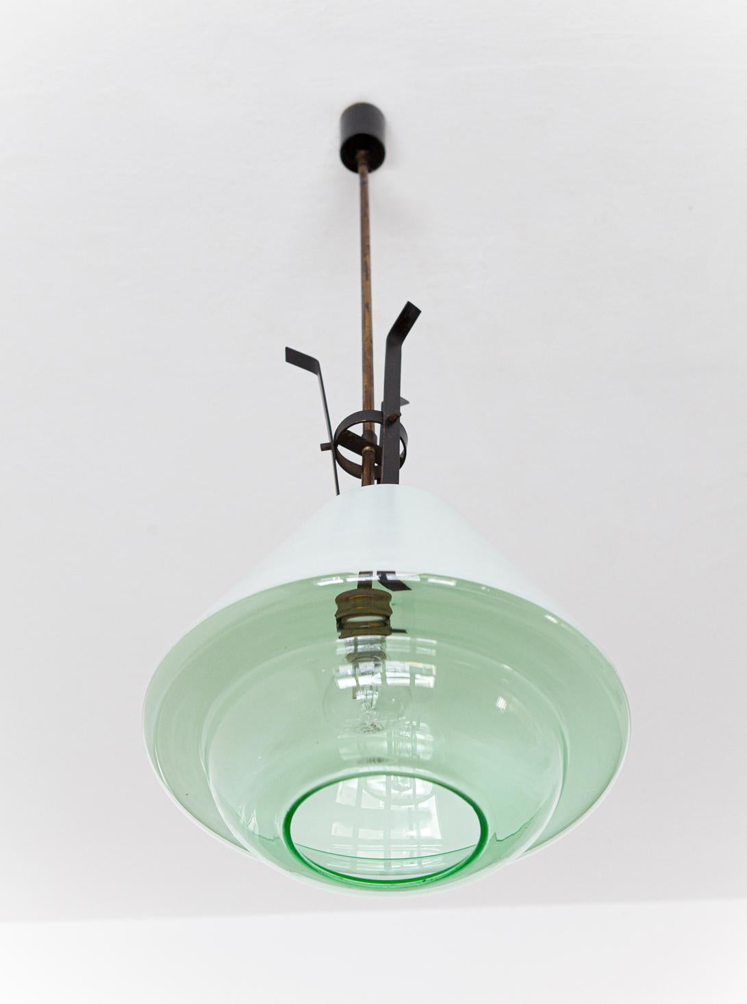 Mid-20th Century Italian Mid-Century Modern Ceiling Lamp, Brass, Opaline Glass, 1950s For Sale