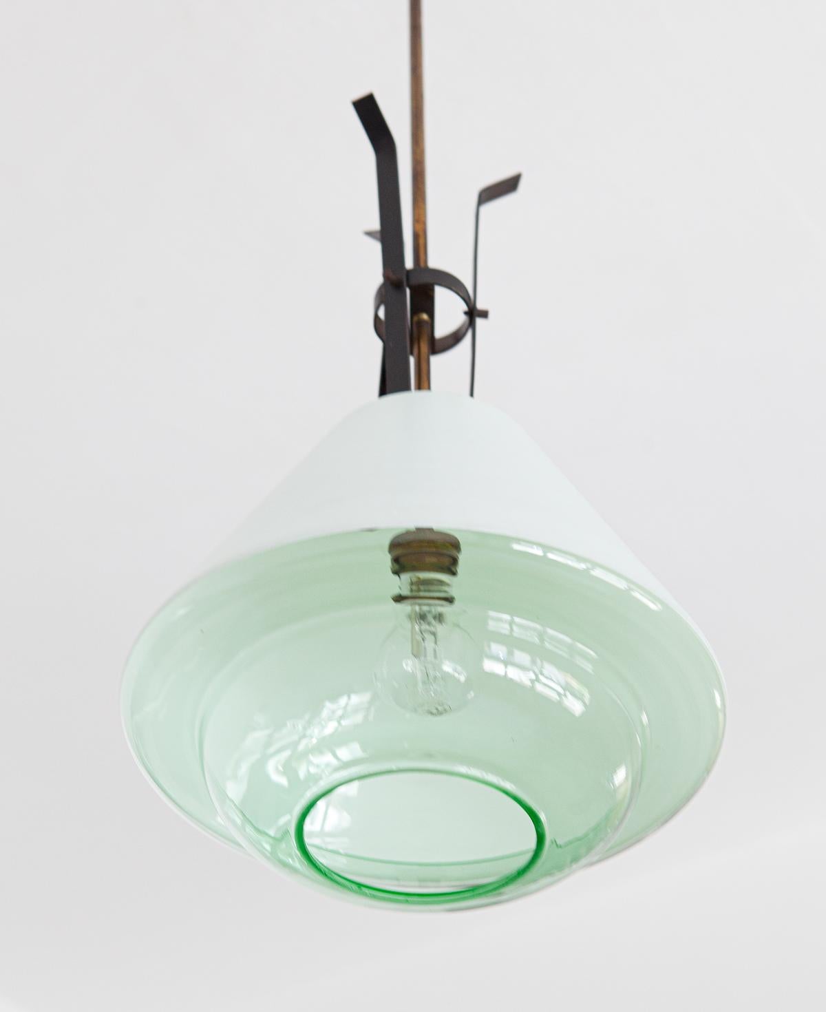 Iron Italian Mid-Century Modern Ceiling Lamp, Brass, Opaline Glass, 1950s For Sale