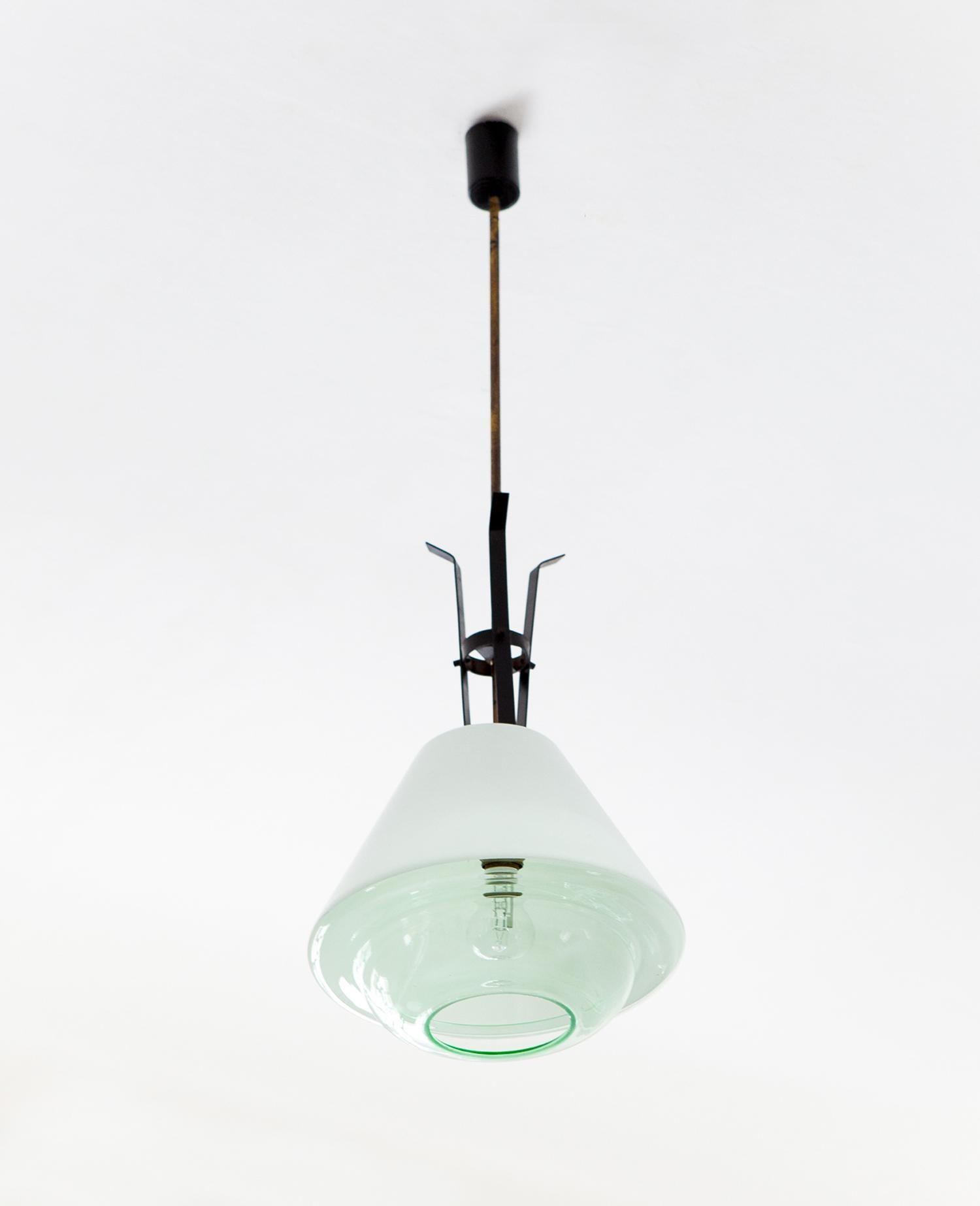 Italian Mid-Century Modern Ceiling Lamp, Brass, Opaline Glass, 1950s For Sale 1