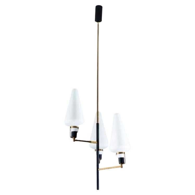 Italian Mid-Century Modern, Ceiling Pendant, Brass, Opaline Glass, Italy, 1950s