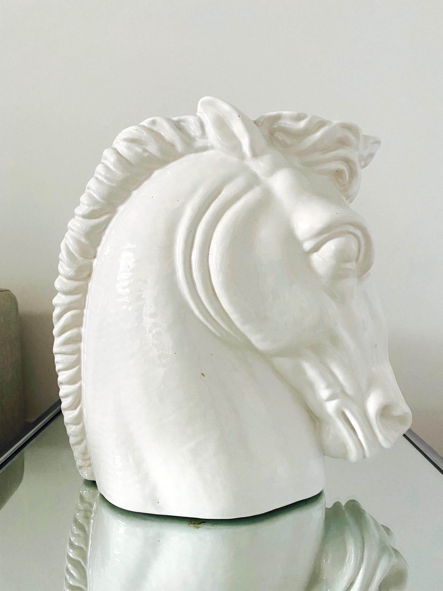 Glazed Art Deco White Ceramic Roman Horse Bust, Italy c. 1970s For Sale