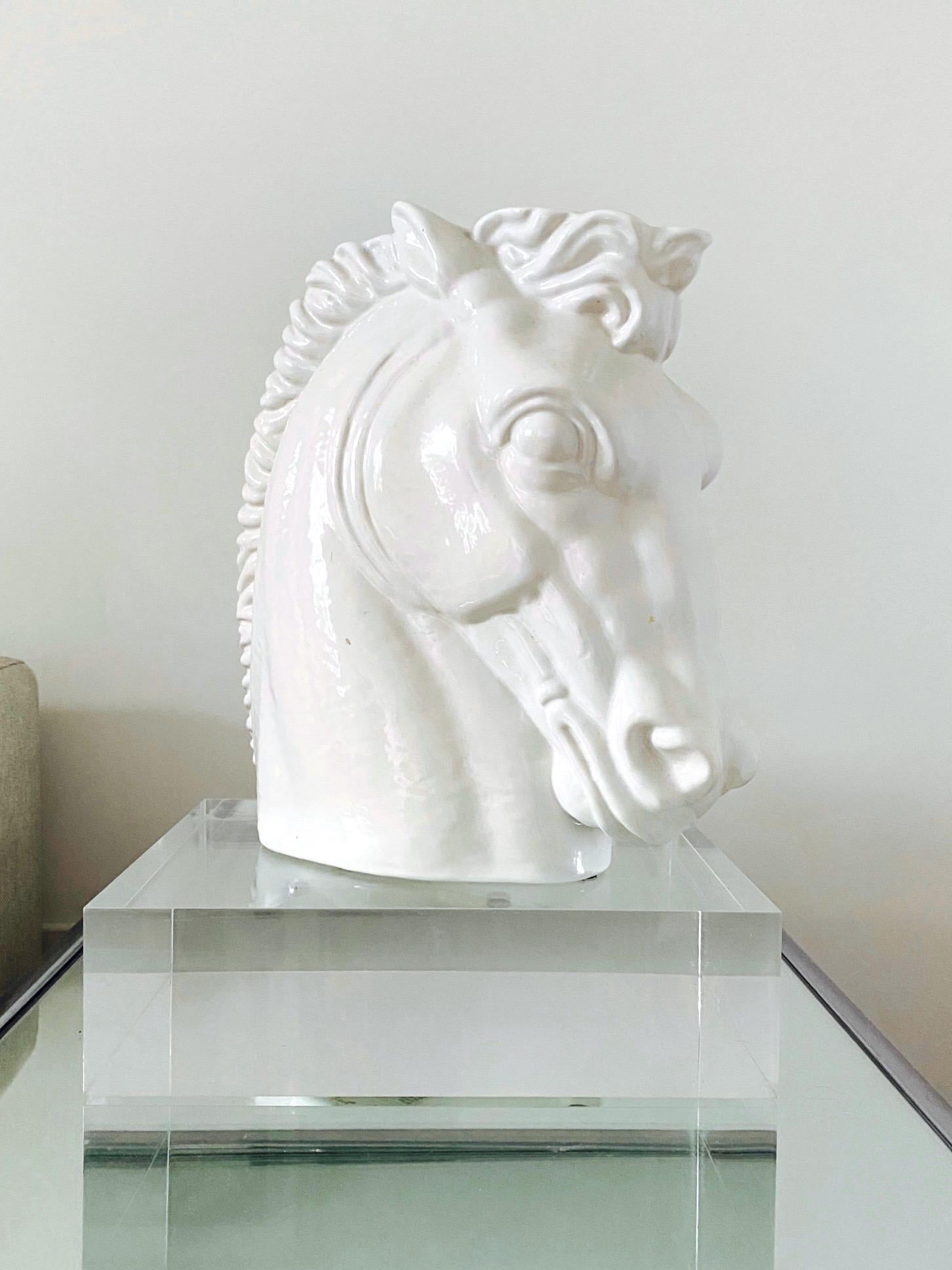 Late 20th Century Art Deco White Ceramic Roman Horse Bust, Italy c. 1970s For Sale