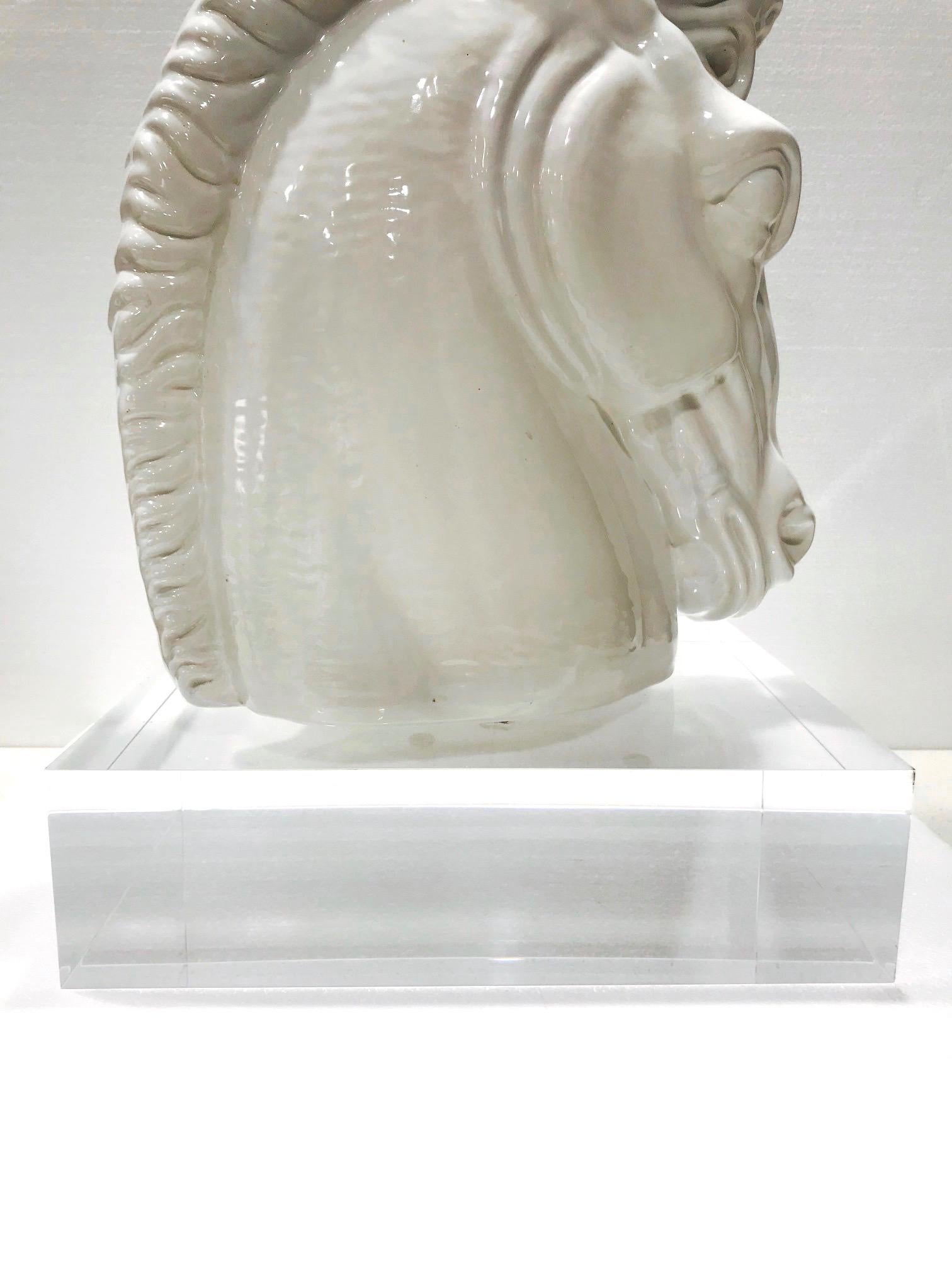 Art Deco White Ceramic Roman Horse Bust, Italy c. 1970s For Sale 1
