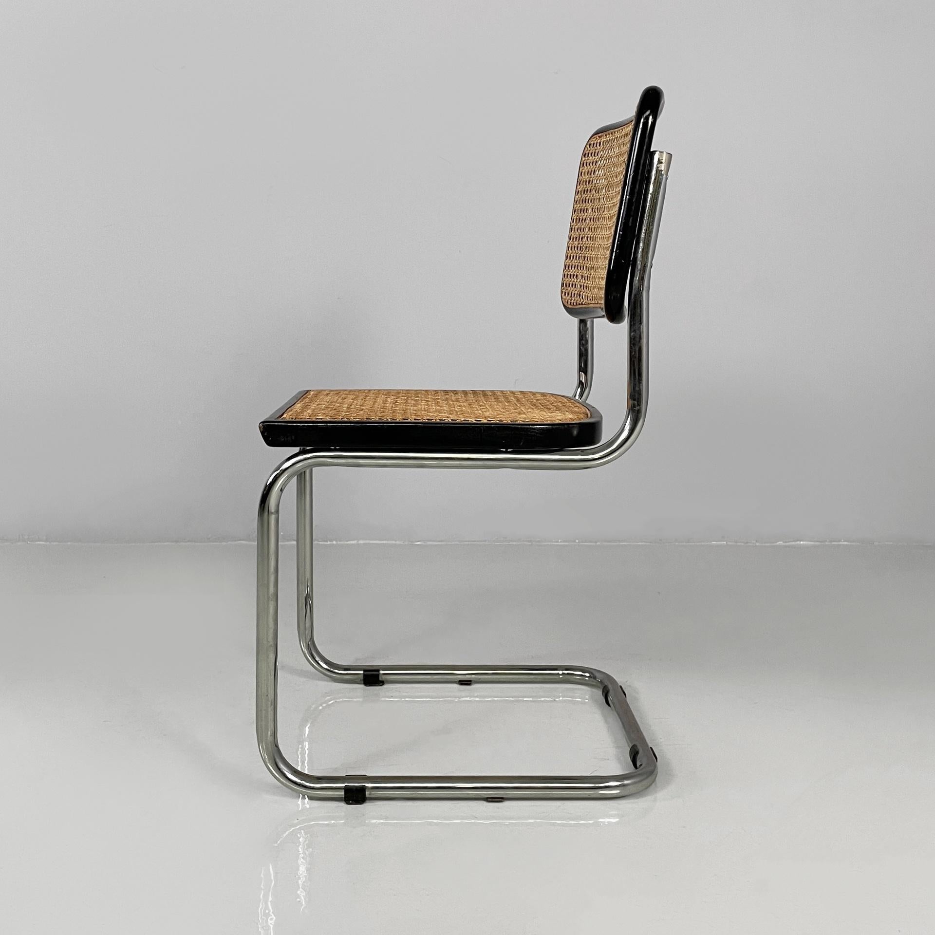 Mid-Century moderno Sedia moderna italiana di metà secolo in legno nero, paglia e acciaio, anni '60 in vendita